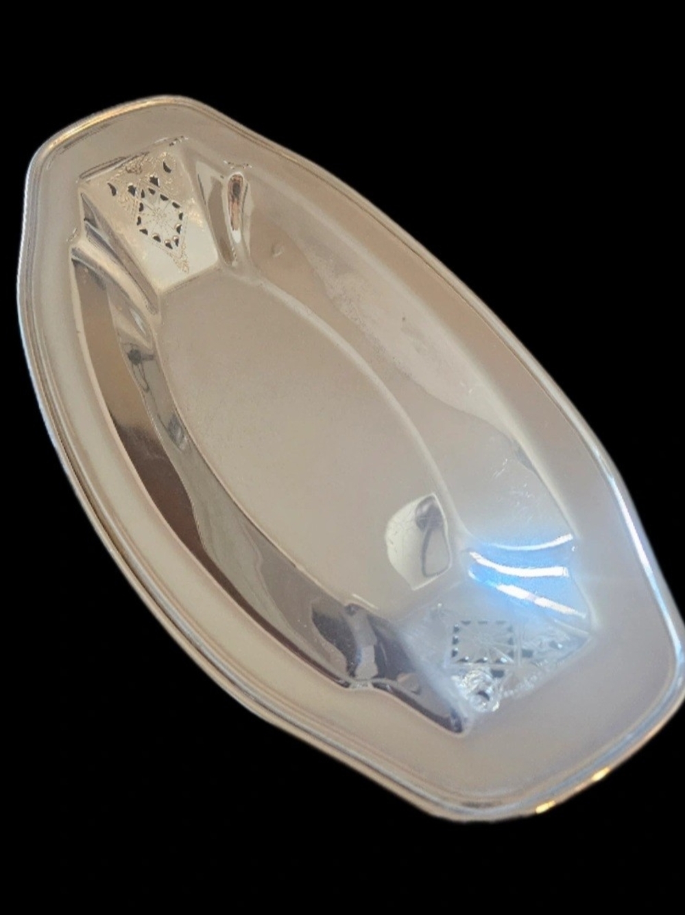 Vintage Mid Century Chrome Oval Bread Serving Tray 13.75x7.25 Etched Pierced